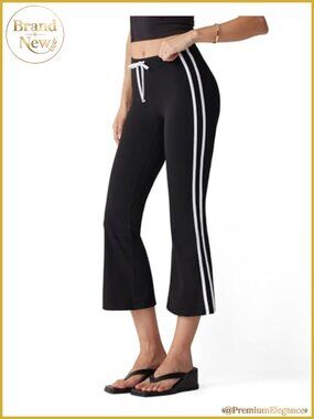 High Waisted Flared Capri Yoga Pants with Side Stripe Drawstring